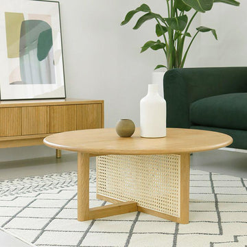 32" Modern Round Pine Wood and Rattan Coffee Table in Natural